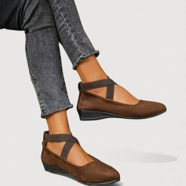 Women’s Rounded Toe Cross Strap Flats with Low Wedge Sole