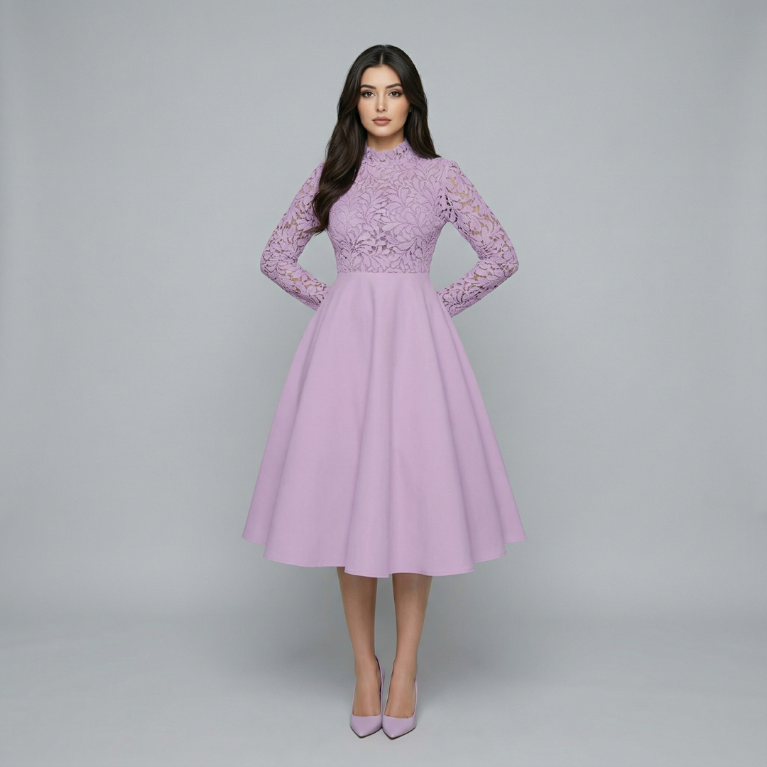 Women’s Long Sleeve Lace Bodice Midi Dress