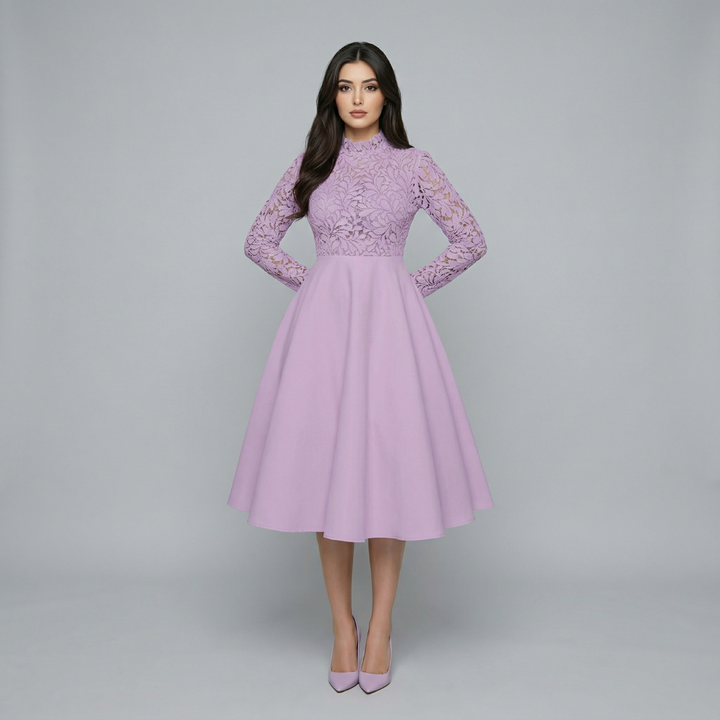 Women’s Long Sleeve Lace Bodice Midi Dress