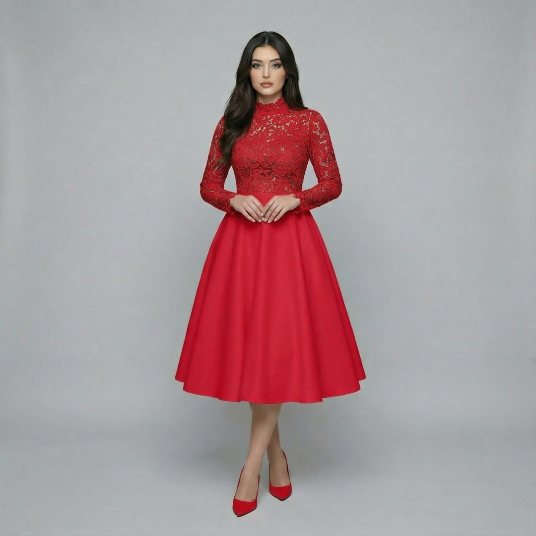 Women’s Long Sleeve Lace Bodice Midi Dress