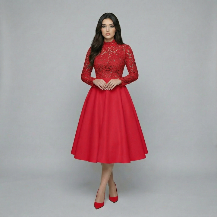 Women’s Long Sleeve Lace Bodice Midi Dress
