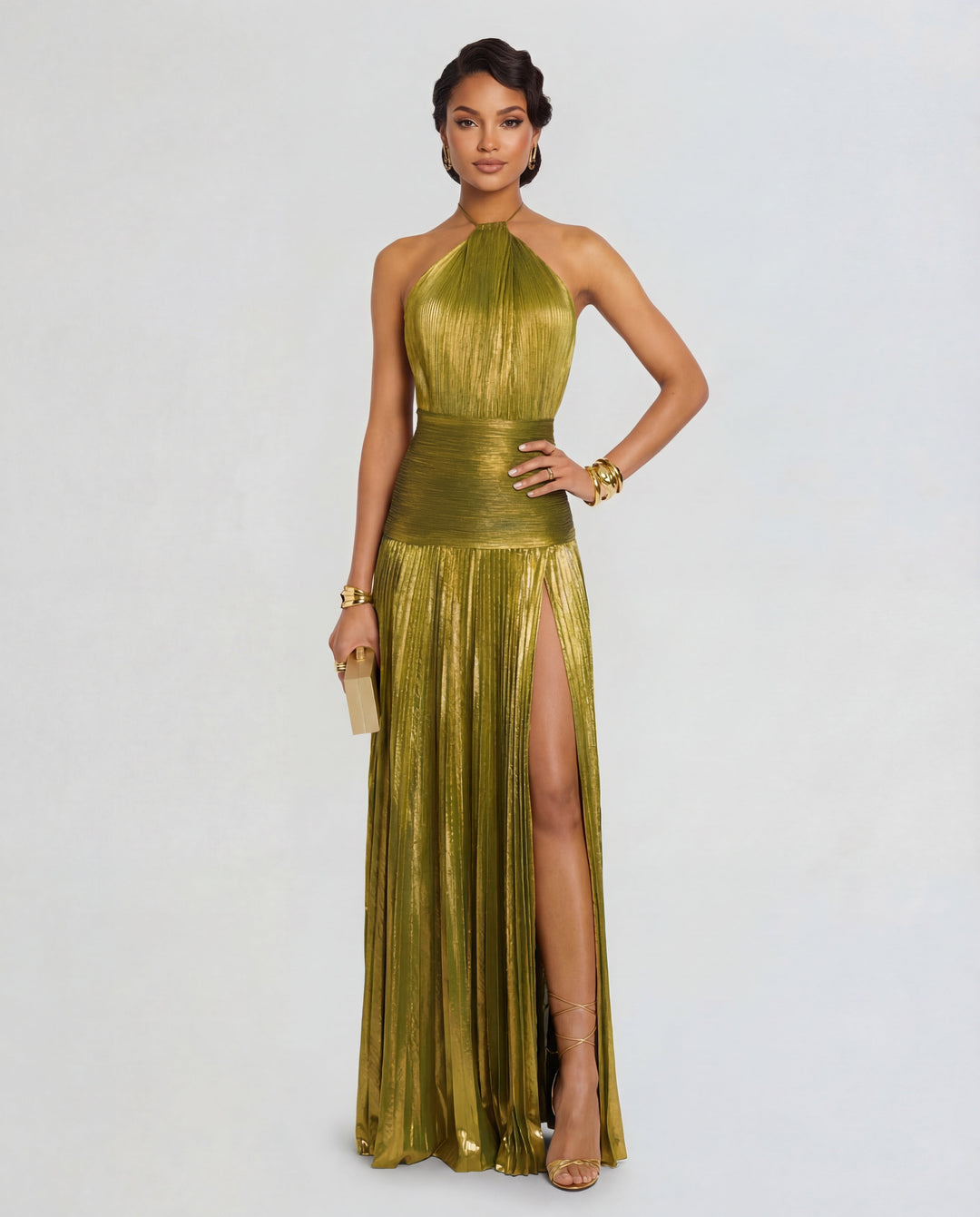Women’s Halter Neck Pleated Maxi Dress with Side Split