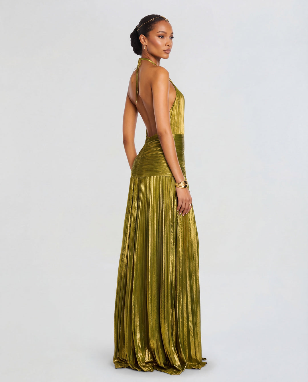 Women’s Halter Neck Pleated Maxi Dress with Side Split
