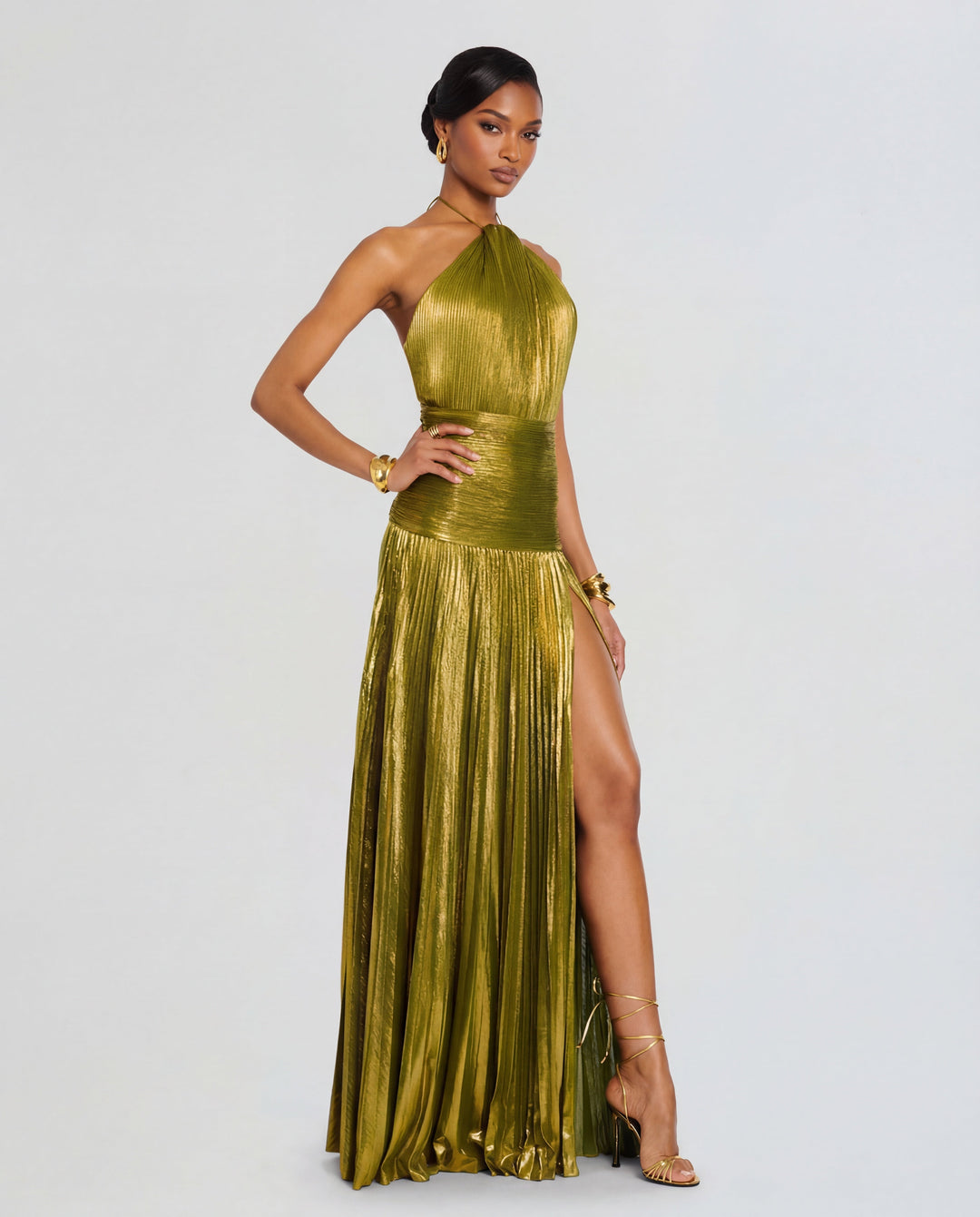 Women’s Halter Neck Pleated Maxi Dress with Side Split