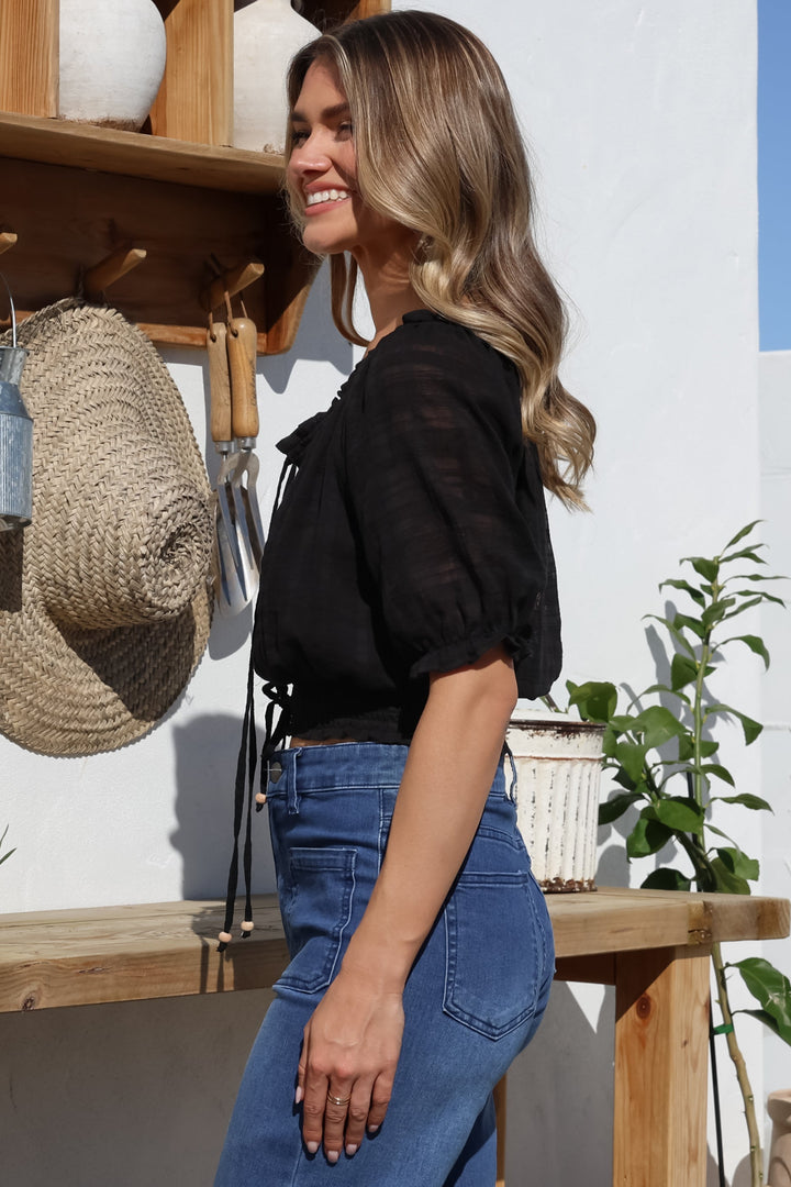 Women’s Short Sleeve Cropped Blouse with Front Button Placket and Drawstring Hem
