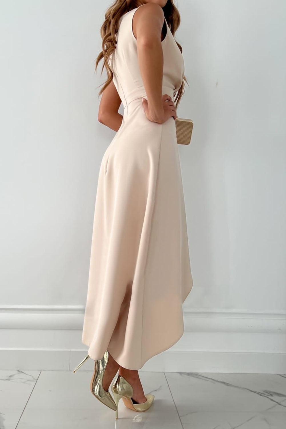 Women’s Sleeveless Wrap Front Midi Dress with Asymmetric Hem