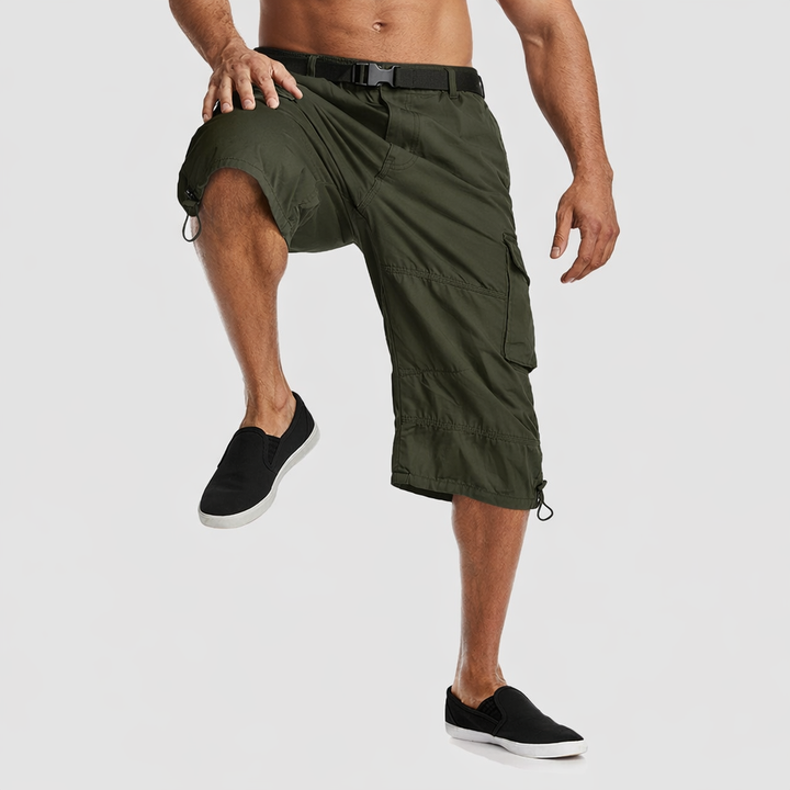 Men’s Knee-Length Cargo Shorts with Multiple Pockets and Adjustable Waist