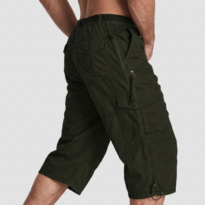 Men’s Knee-Length Cargo Shorts with Multiple Pockets and Adjustable Waist