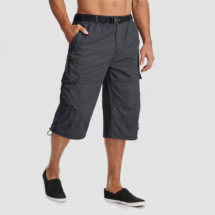 Men’s Knee-Length Cargo Shorts with Multiple Pockets and Adjustable Waist