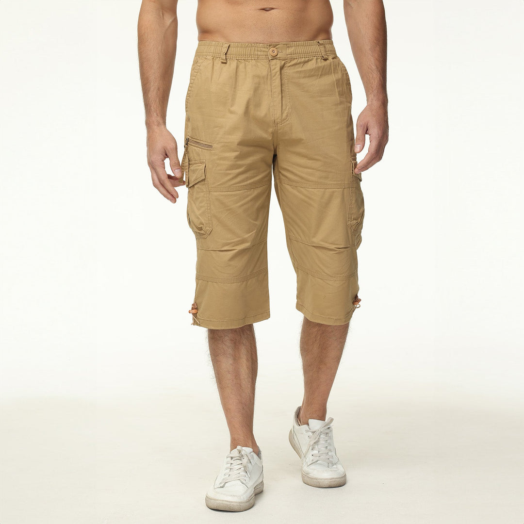 Men’s Knee-Length Cargo Shorts with Multiple Pockets and Adjustable Waist