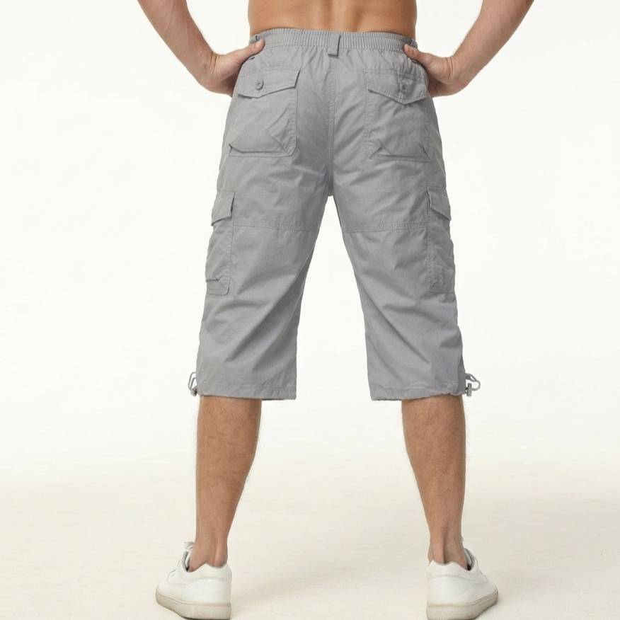 Men’s Knee-Length Cargo Shorts with Multiple Pockets and Adjustable Waist