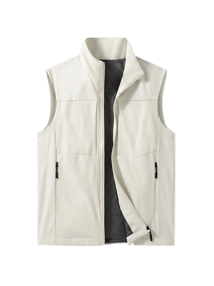 Men's Sleeveless Zip-Up Vest with Stand Collar and Mesh Lining