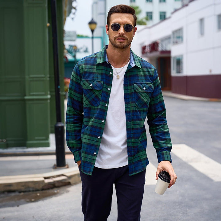 Men’s Long Sleeve Button-Down Plaid Shirt with Chest Pockets