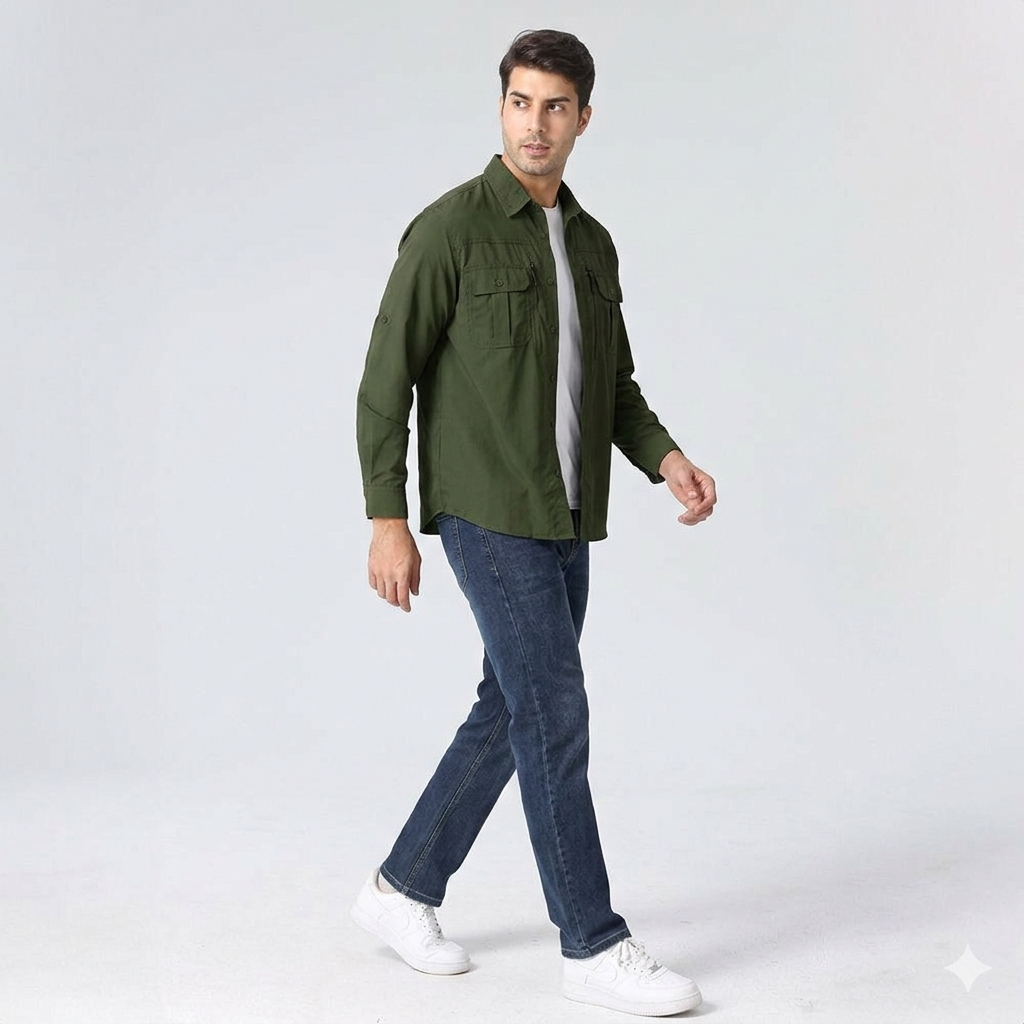 Men’s Long Sleeve Button-Down Shirt with Multiple Chest Pockets