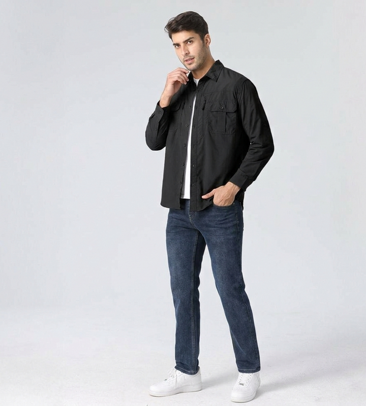 Men’s Long Sleeve Button-Down Shirt with Multiple Chest Pockets
