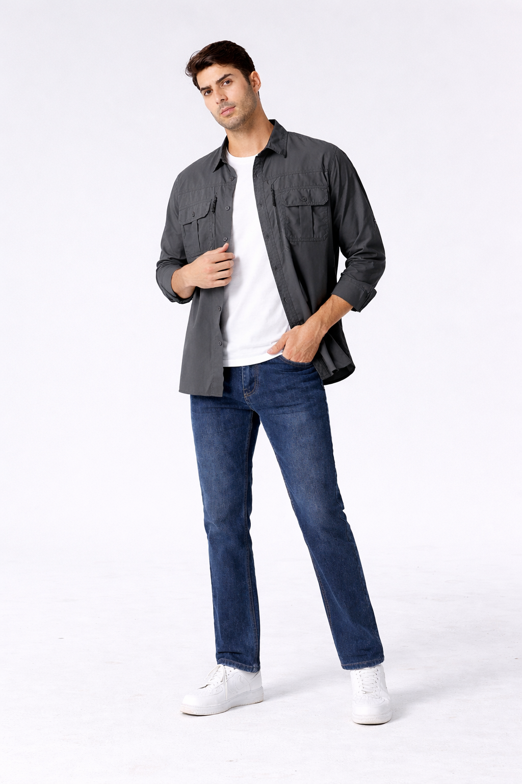 Men’s Long Sleeve Button-Down Shirt with Multiple Chest Pockets