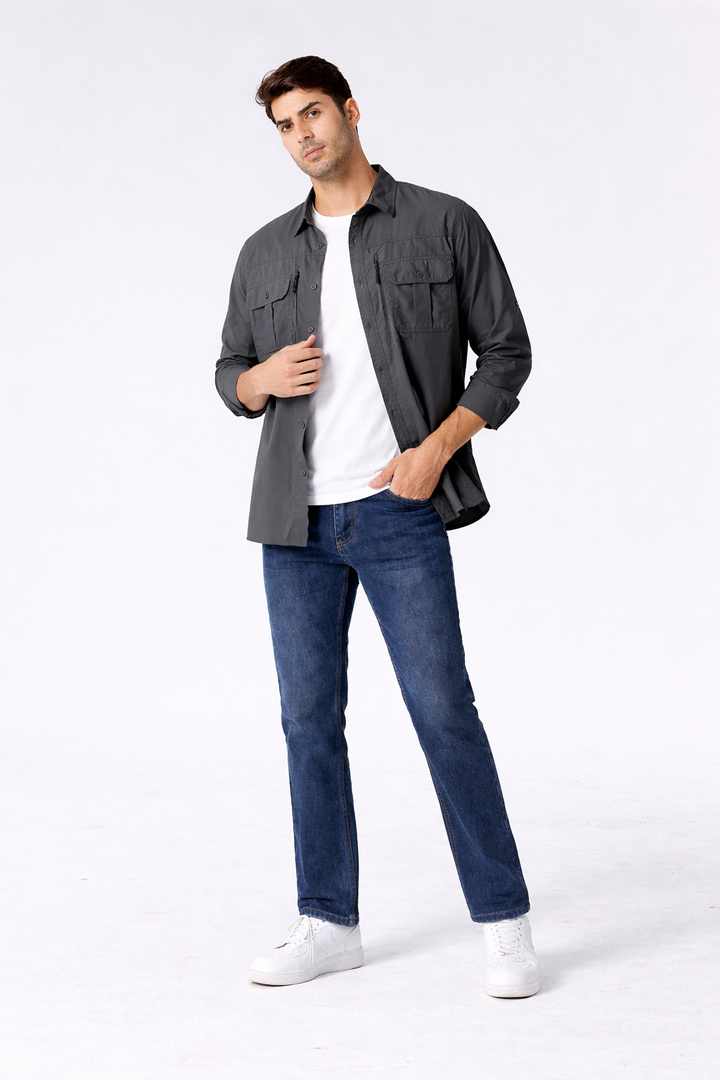 Men’s Long Sleeve Button-Down Shirt with Multiple Chest Pockets
