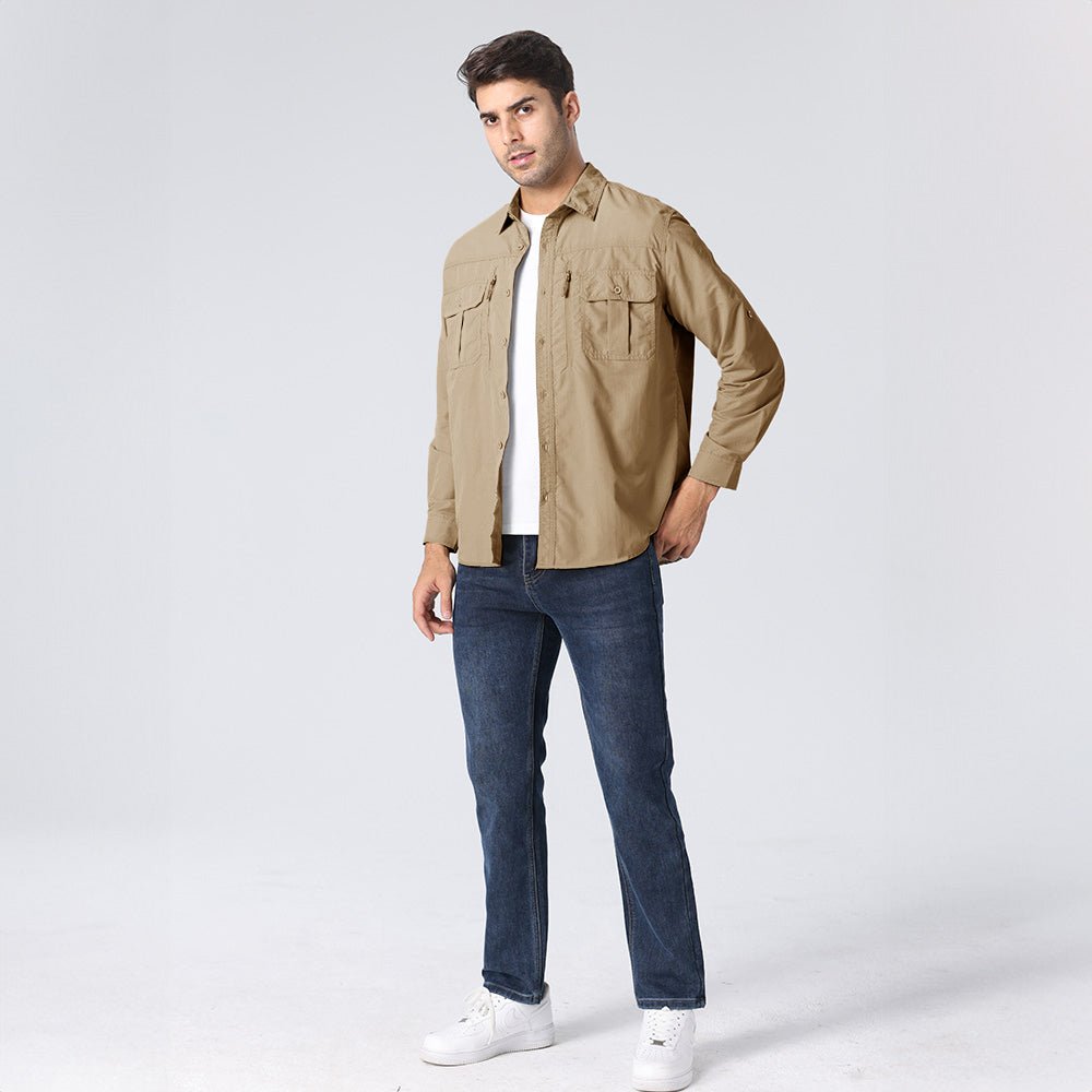 Men’s Long Sleeve Button-Down Shirt with Multiple Chest Pockets