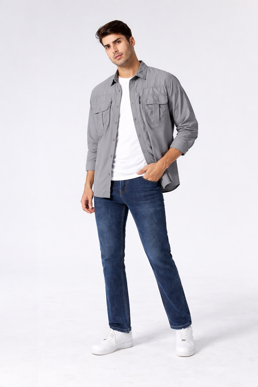 Men’s Long Sleeve Button-Down Shirt with Multiple Chest Pockets