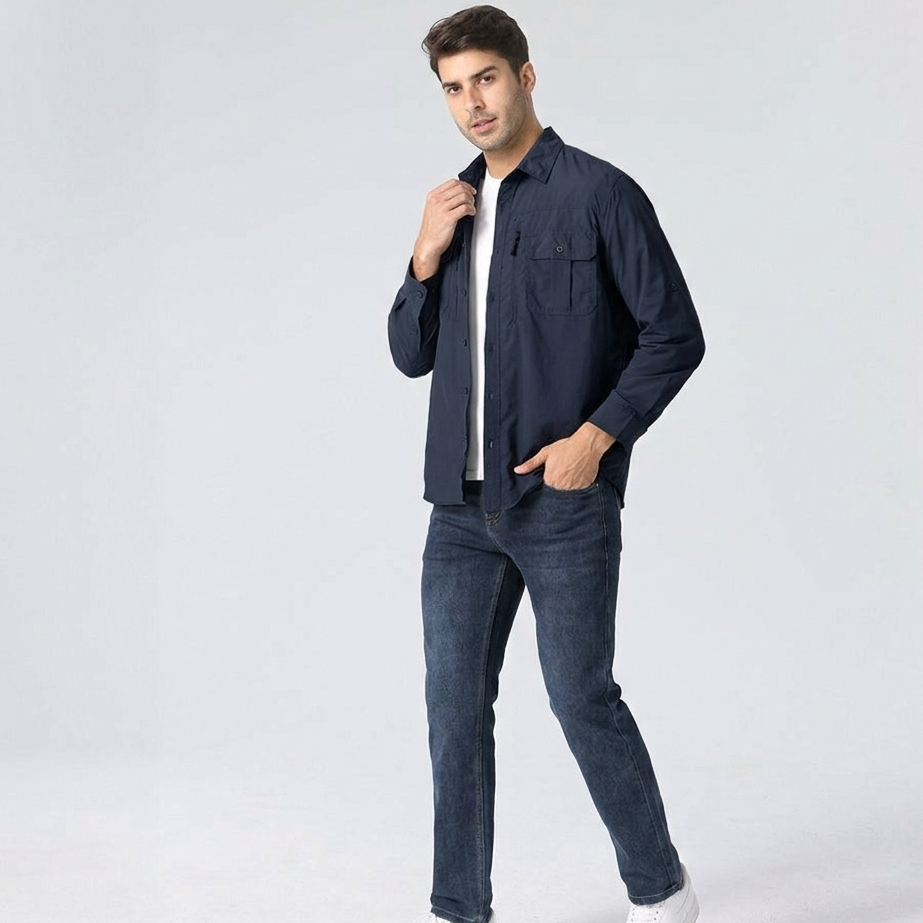 Men’s Long Sleeve Button-Down Shirt with Multiple Chest Pockets