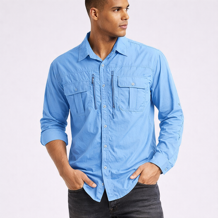 Men’s Long Sleeve Button-Down Shirt with Multiple Chest Pockets