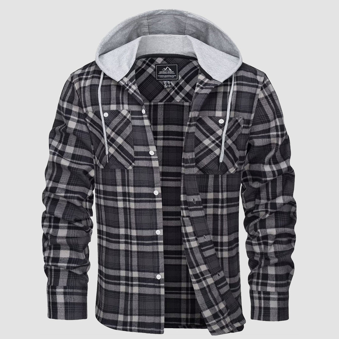 Men’s Long Sleeve Plaid Button-Down Jacket with Hood