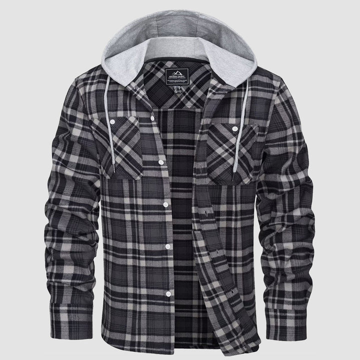 Men’s Long Sleeve Plaid Button-Down Jacket with Hood