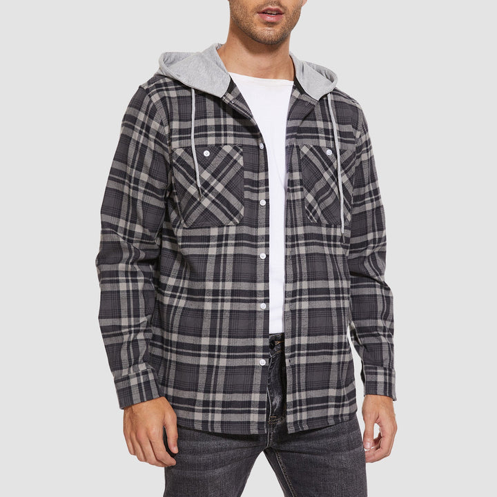 Men’s Long Sleeve Plaid Button-Down Jacket with Hood