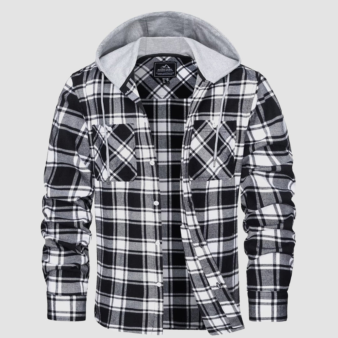 Men’s Long Sleeve Plaid Button-Down Jacket with Hood