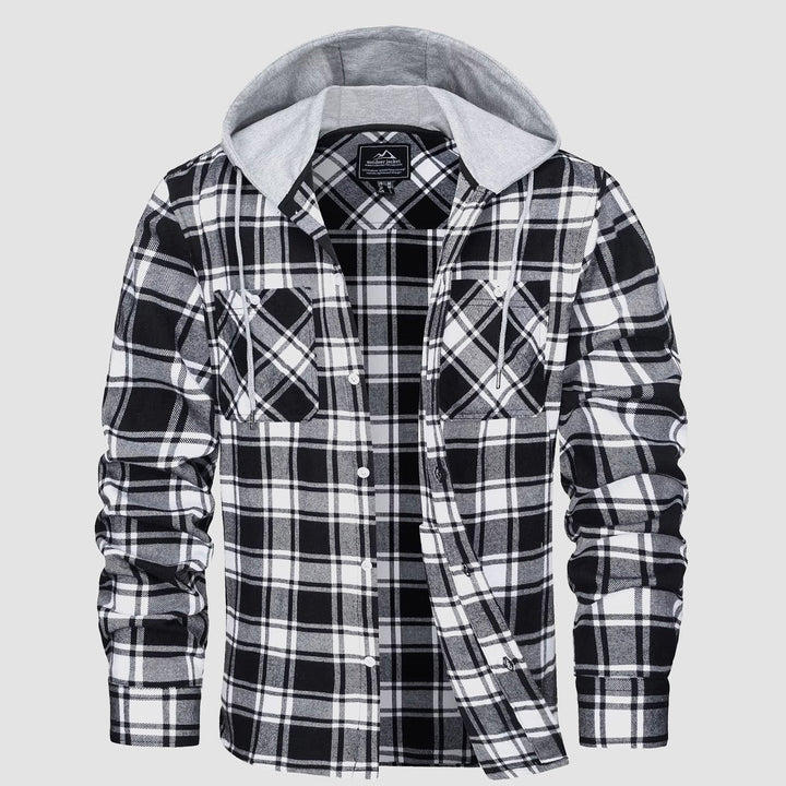Men’s Long Sleeve Plaid Button-Down Jacket with Hood
