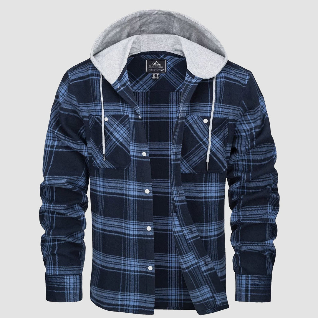 Men’s Long Sleeve Plaid Button-Down Jacket with Hood