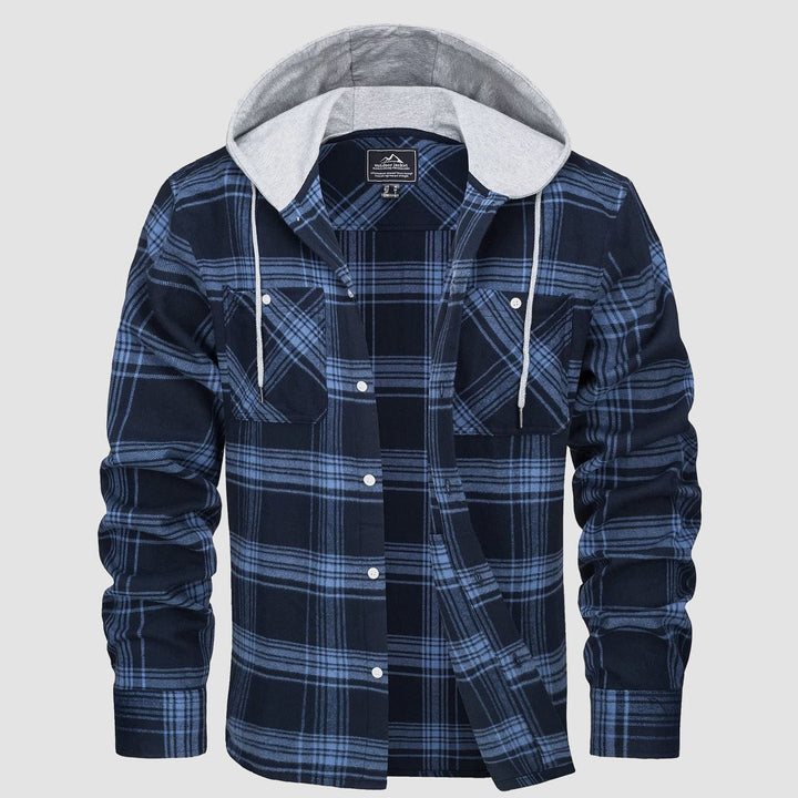 Men’s Long Sleeve Plaid Button-Down Jacket with Hood