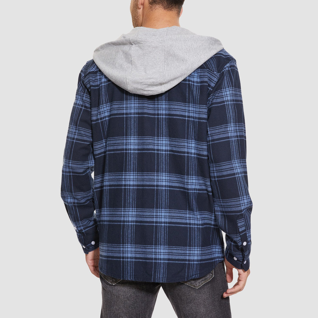 Men’s Long Sleeve Plaid Button-Down Jacket with Hood