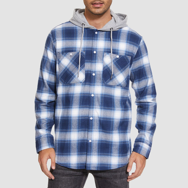 Men’s Long Sleeve Plaid Button-Down Jacket with Hood