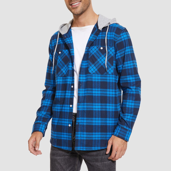 Men’s Long Sleeve Plaid Button-Down Jacket with Hood