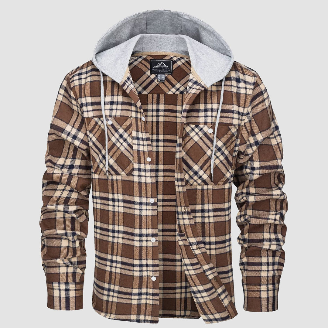 Men’s Long Sleeve Plaid Button-Down Jacket with Hood