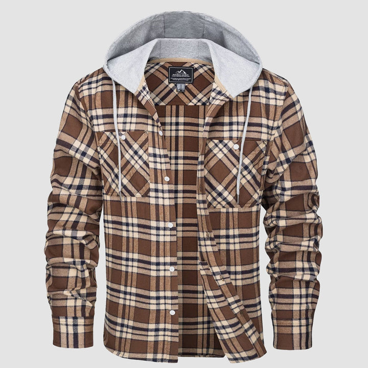 Men’s Long Sleeve Plaid Button-Down Jacket with Hood