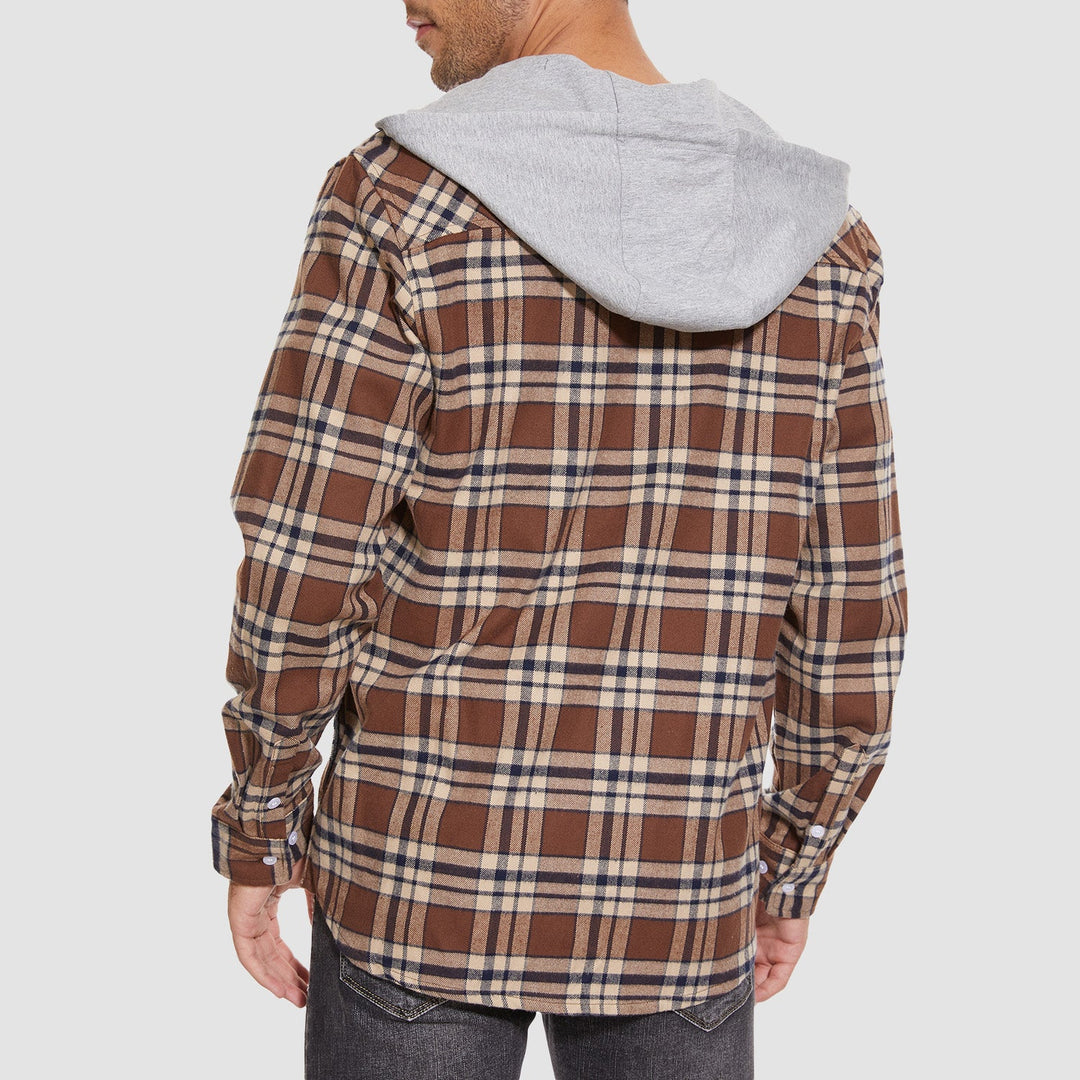 Men’s Long Sleeve Plaid Button-Down Jacket with Hood