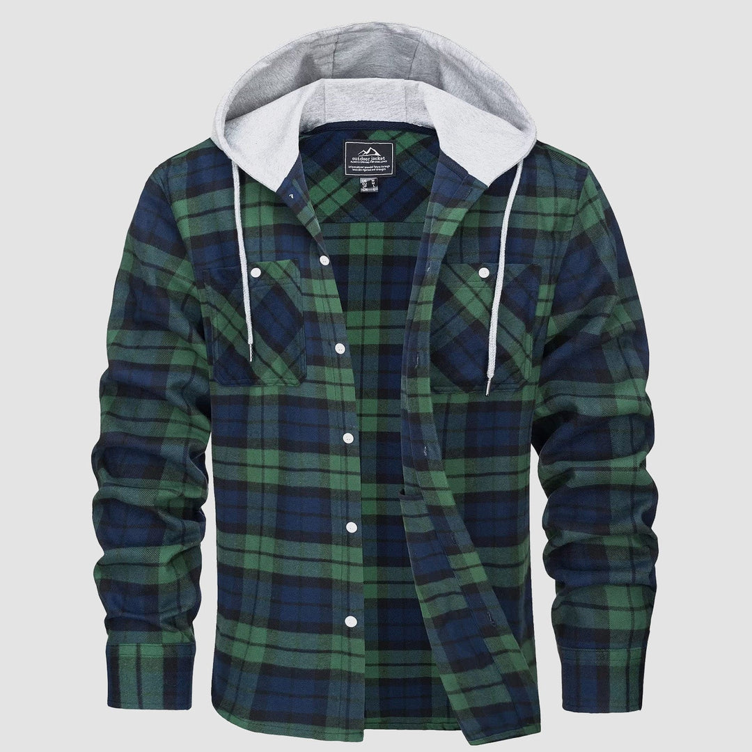 Men’s Long Sleeve Plaid Button-Down Jacket with Hood