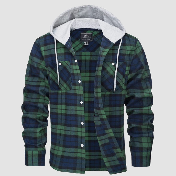 Men’s Long Sleeve Plaid Button-Down Jacket with Hood