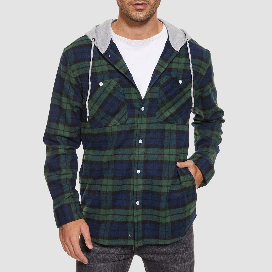 Men’s Long Sleeve Plaid Button-Down Jacket with Hood