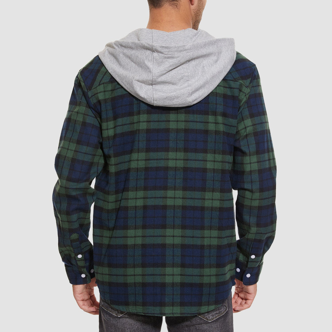 Men’s Long Sleeve Plaid Button-Down Jacket with Hood
