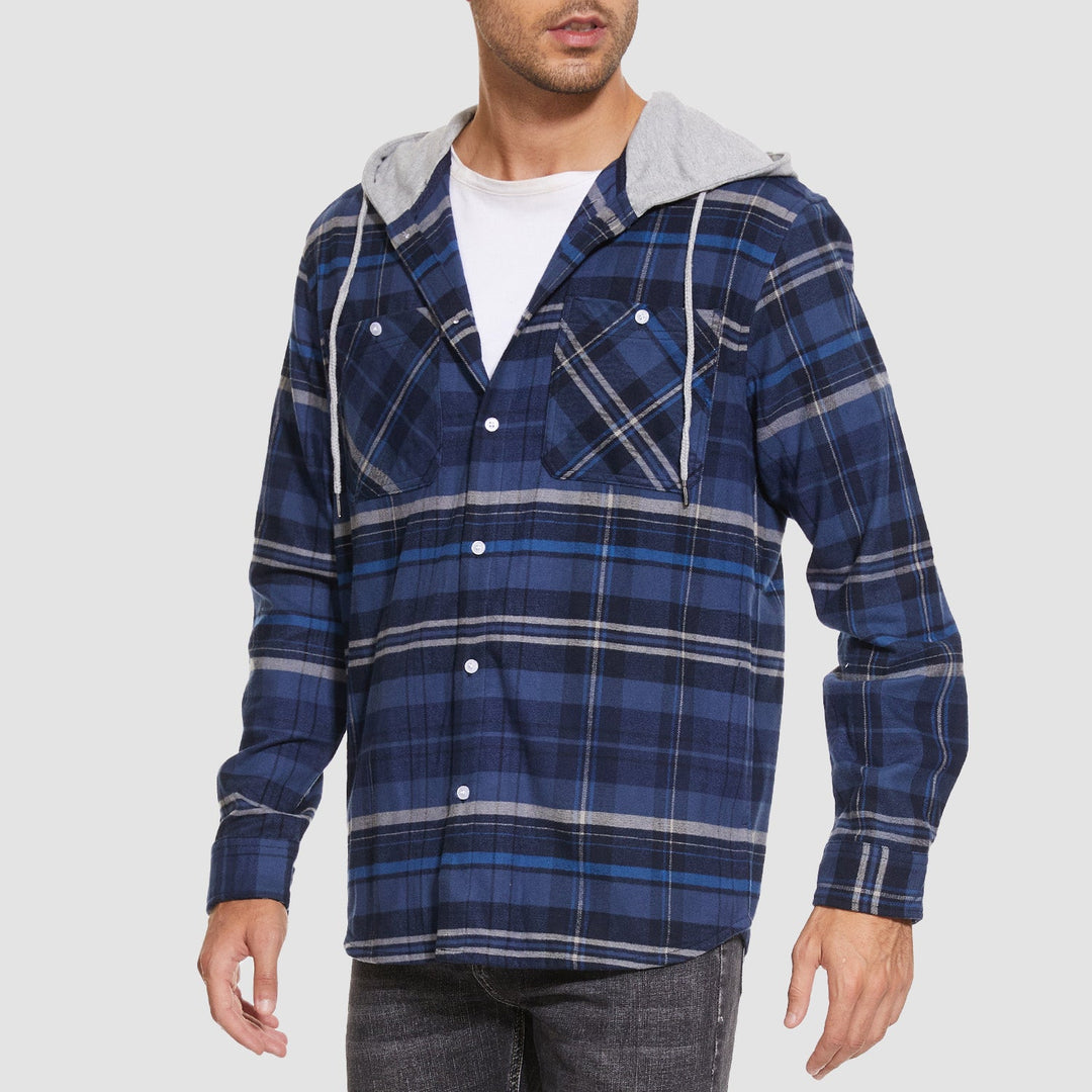 Men’s Long Sleeve Plaid Button-Down Jacket with Hood