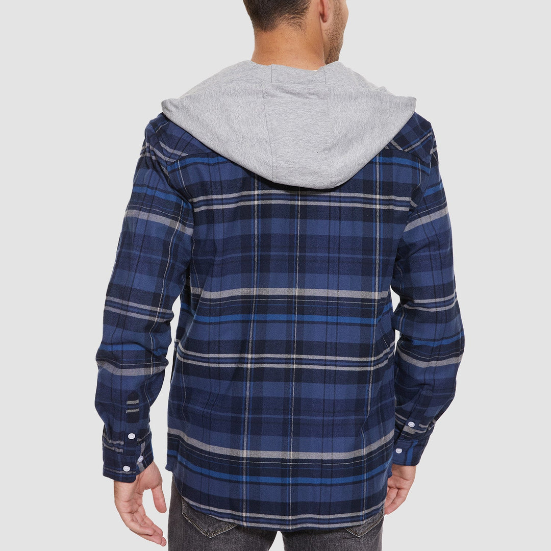 Men’s Long Sleeve Plaid Button-Down Jacket with Hood