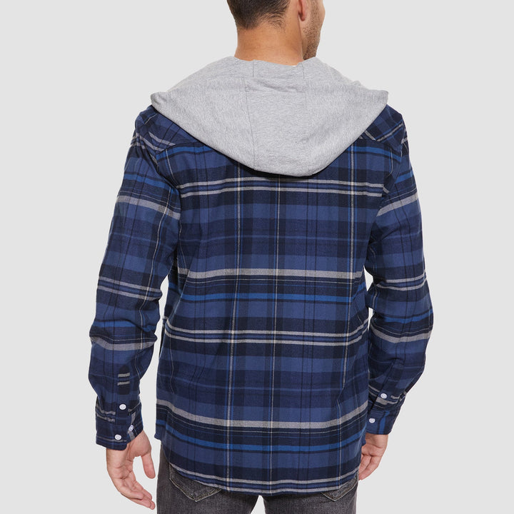 Men’s Long Sleeve Plaid Button-Down Jacket with Hood