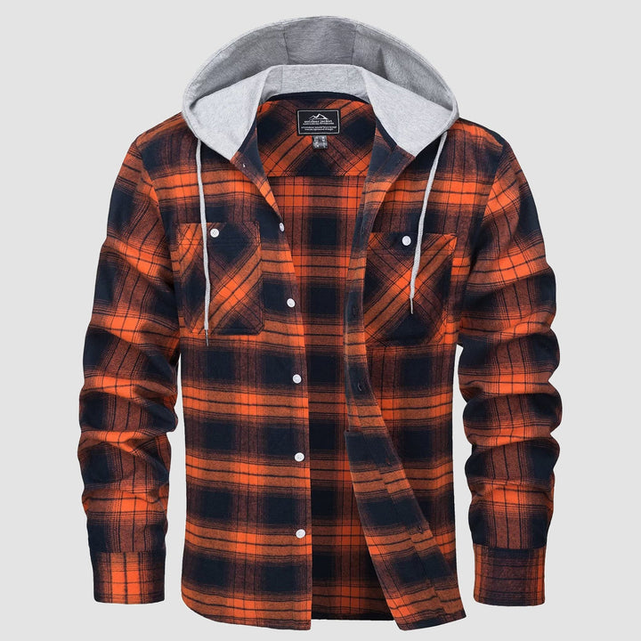 Men’s Long Sleeve Plaid Button-Down Jacket with Hood