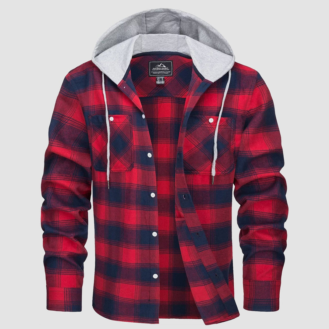 Men’s Long Sleeve Plaid Button-Down Jacket with Hood