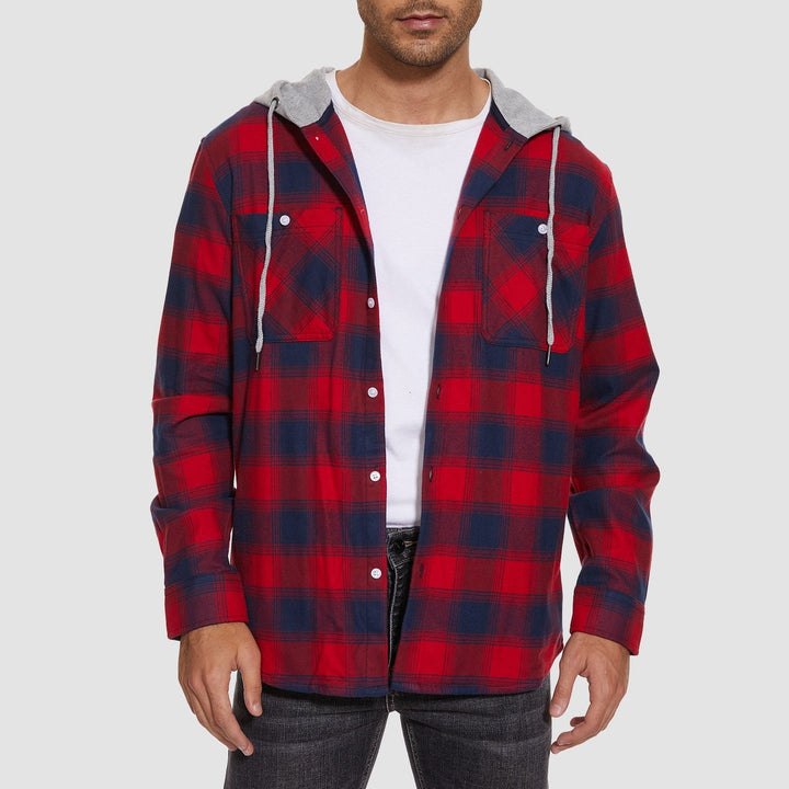 Men’s Long Sleeve Plaid Button-Down Jacket with Hood