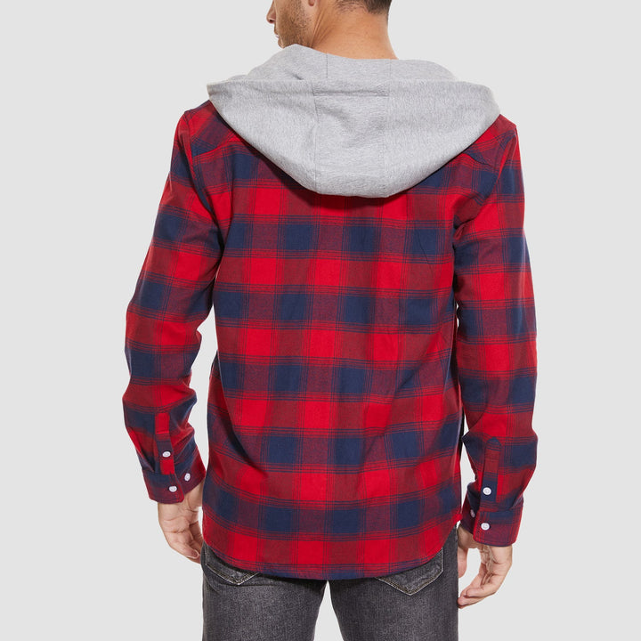 Men’s Long Sleeve Plaid Button-Down Jacket with Hood