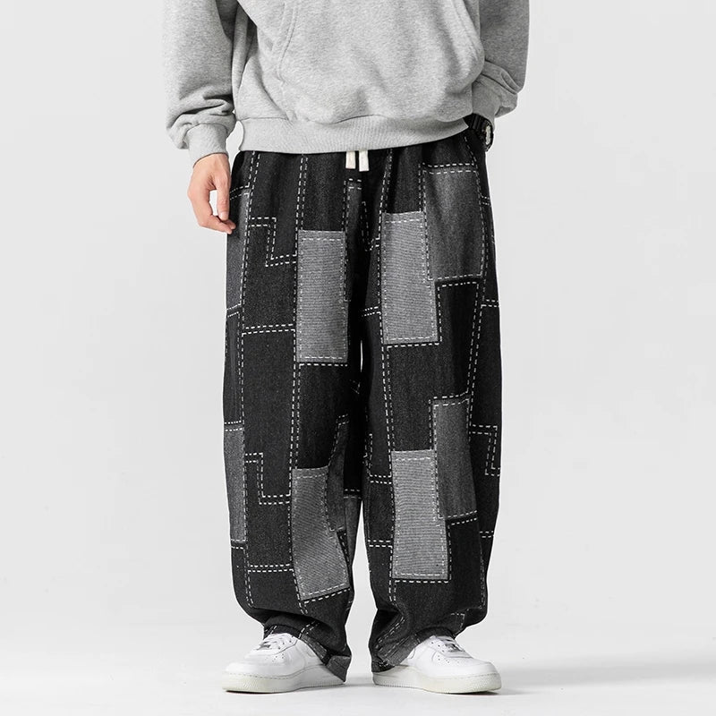 Men’s Patchwork Wide-Leg Pants with Drawstring Waist